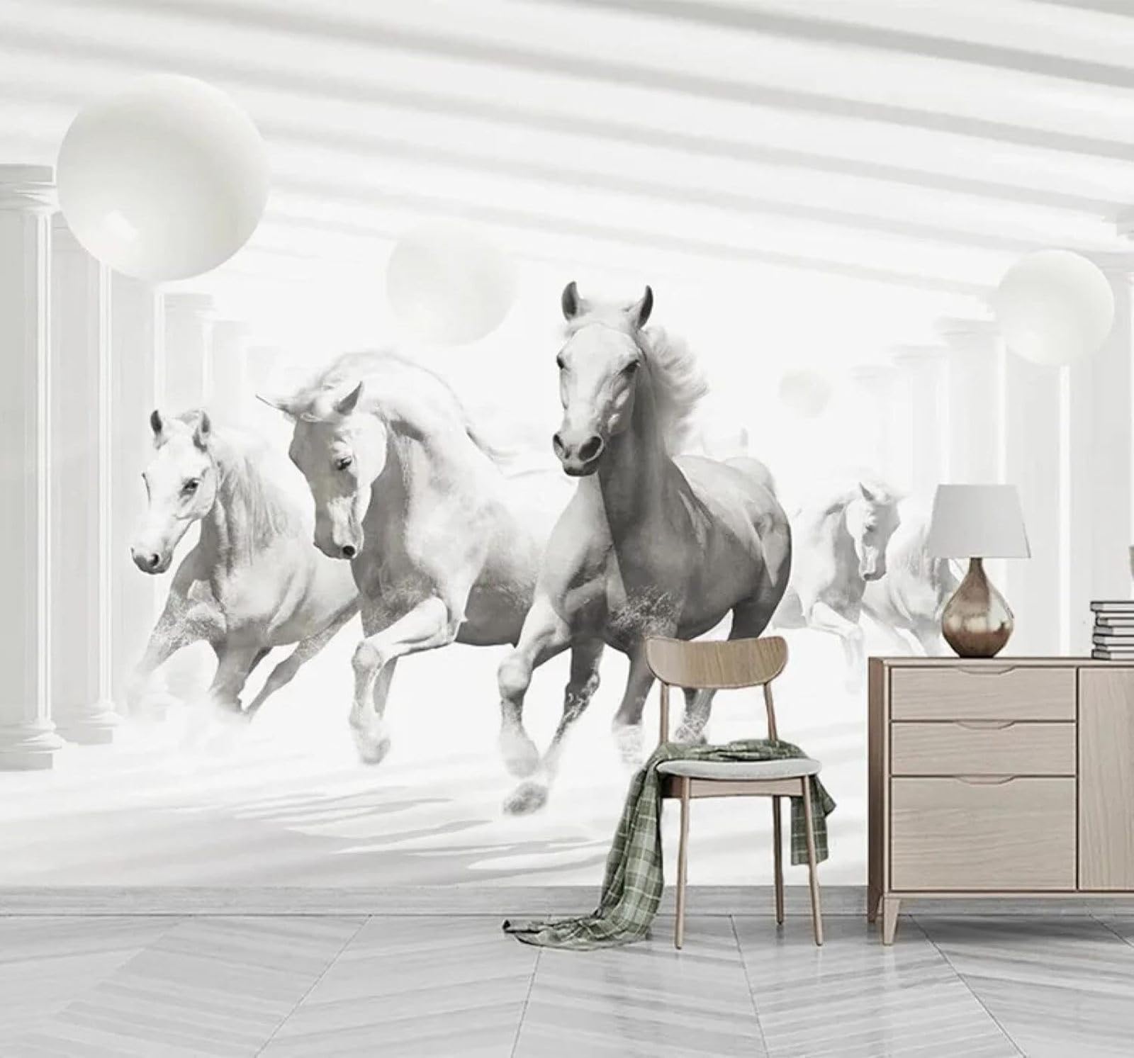 Xlming 150Cm×105Cm(B×H) Three Dimensional Sphere Galloping White Horse Art 3D Wallpaper Luxury Home Dining Decor Paste Sofa Living Room The Wall For Bedroom Mural-150Cm×105Cm