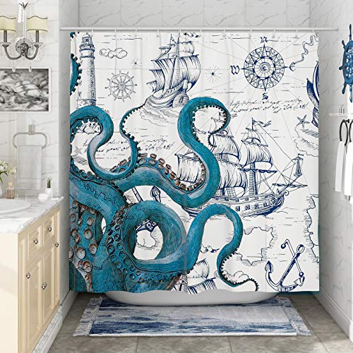 Desihom Blue Nautical Octopus Shower Curtain Set Funny Ocean Kraken Shower Curtains For Bathroom Cool Octopus Decor Polyester Fabric-72" X 72" #TOP6