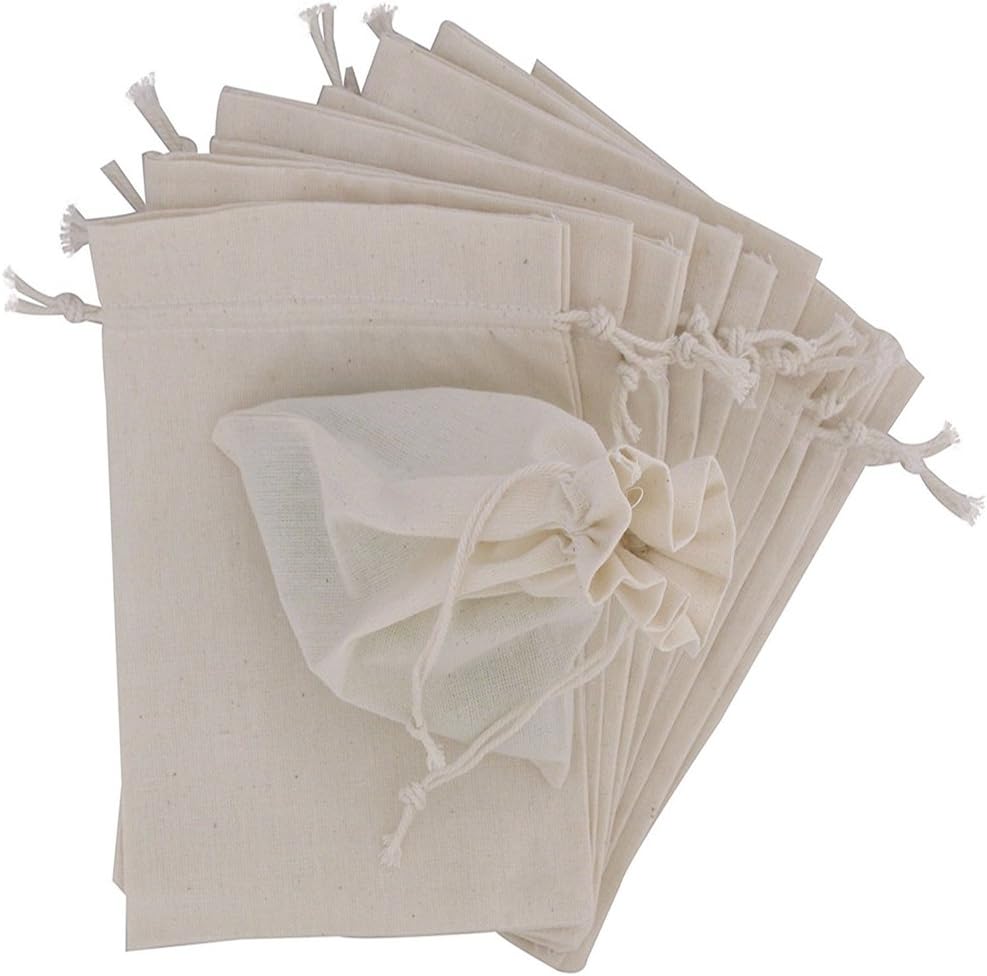 Natural Color 100 Percent Cotton Muslin Drawstring Bags 12-Pack For Storage Pantry Gifts (4 x 6 inch - 12 pack)