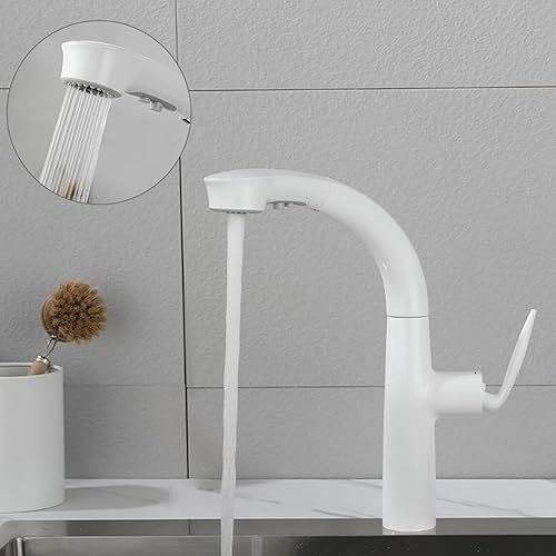 Miniatura 5 de Grifo de cocina blanco, grifo de fregadero de cocina con rociador extraíble, latón telescópico de dos funciones, modo de salida de agua, grifo