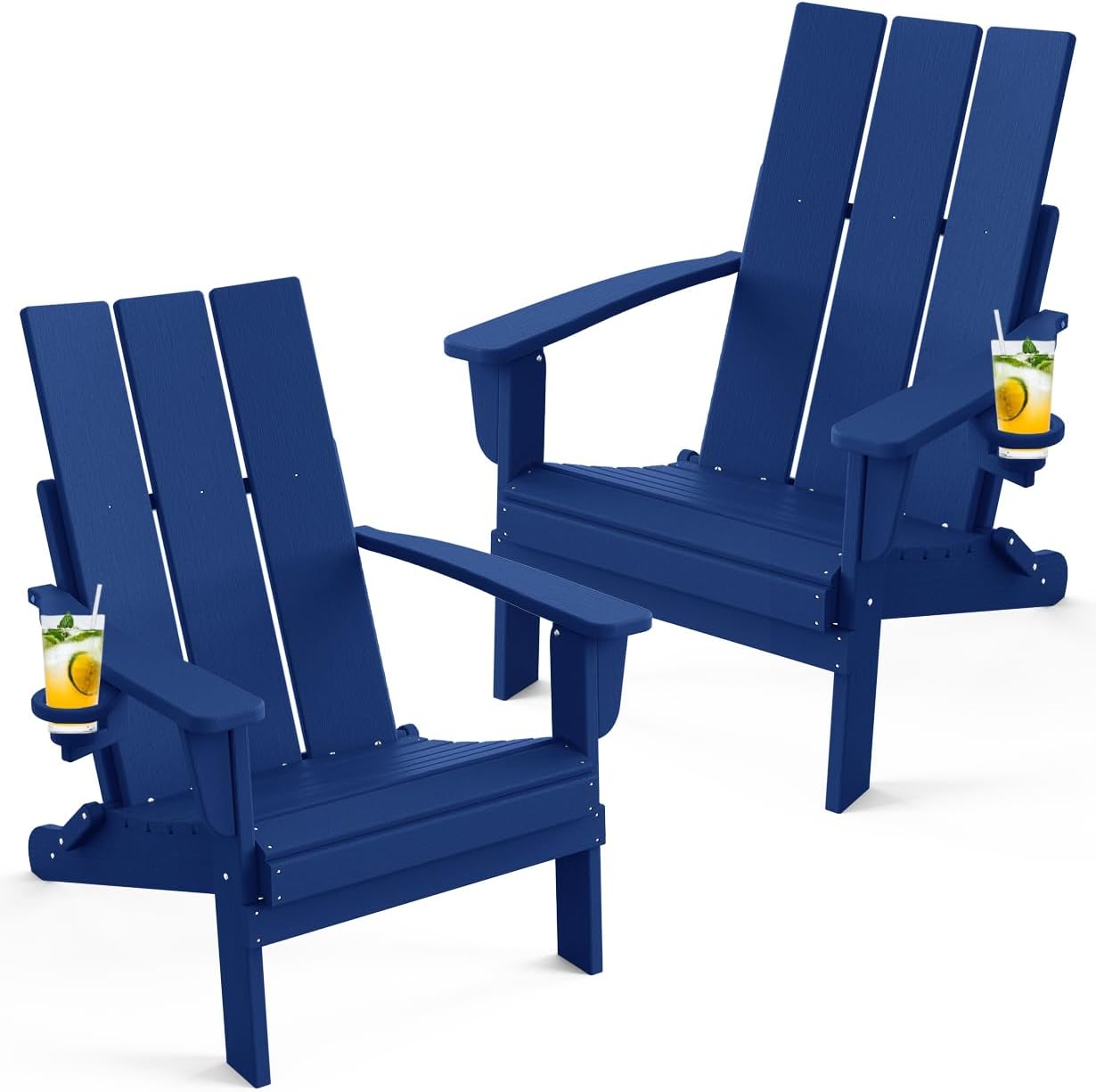 Adirondack Chair with Cup Holder Set of 2, Folding Outdoor Lawn Chair, HDPE Plastic Fire Pit Chair, Weather Resistant Patio Chairs for Deck, Porch, Backyard, Garden, Navy Blue