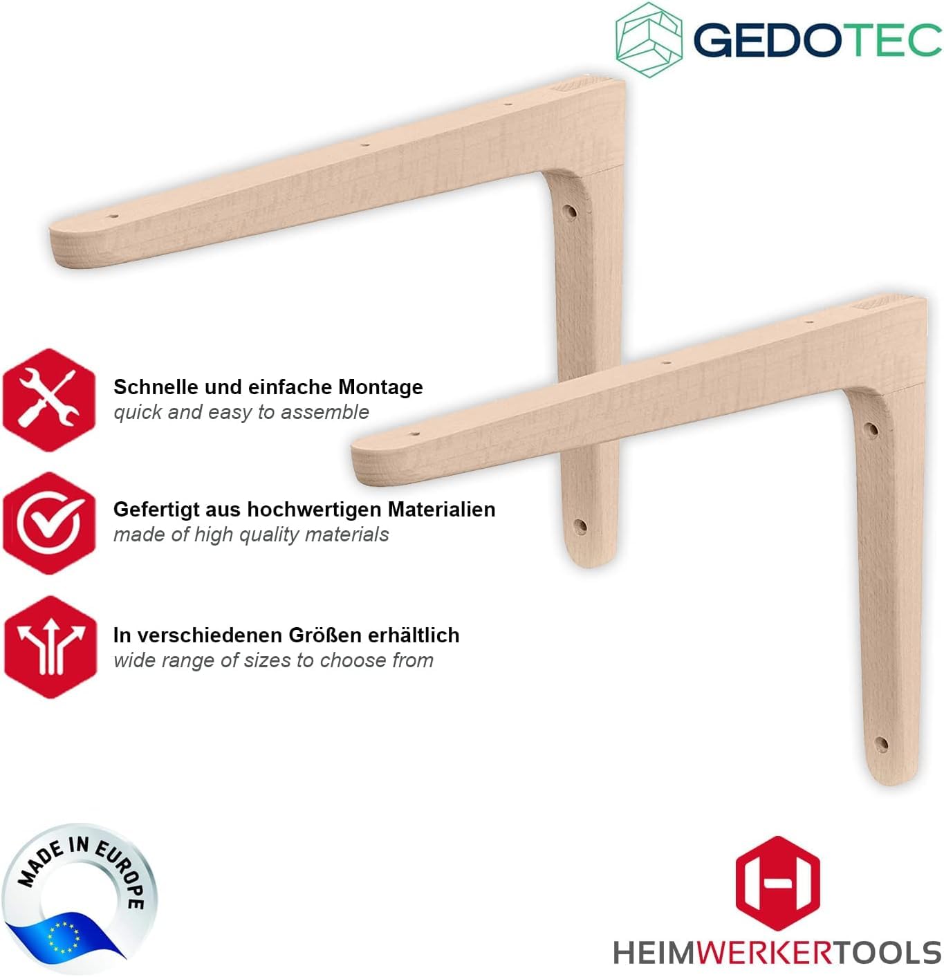 Gedotec Holzkonsole aus Buche | 10 Stück Regalwinkel aus massivem Naturholz | 300 x 200 mm | TAUM | paarweise Tragkraft bis 20 kg | Regal-Halter geeignet für Bücherregale | Schwerlastträger Wandregale