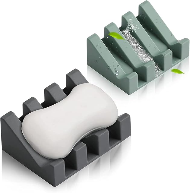 Silicone Soap Dish with Drain Shower Bathroom Soap Sponge Holder Self Draining Waterfall Drying Tray Kitchen Sink Caddy, Easy Cleaning Soap Saver Mat (Grey & Light Green)