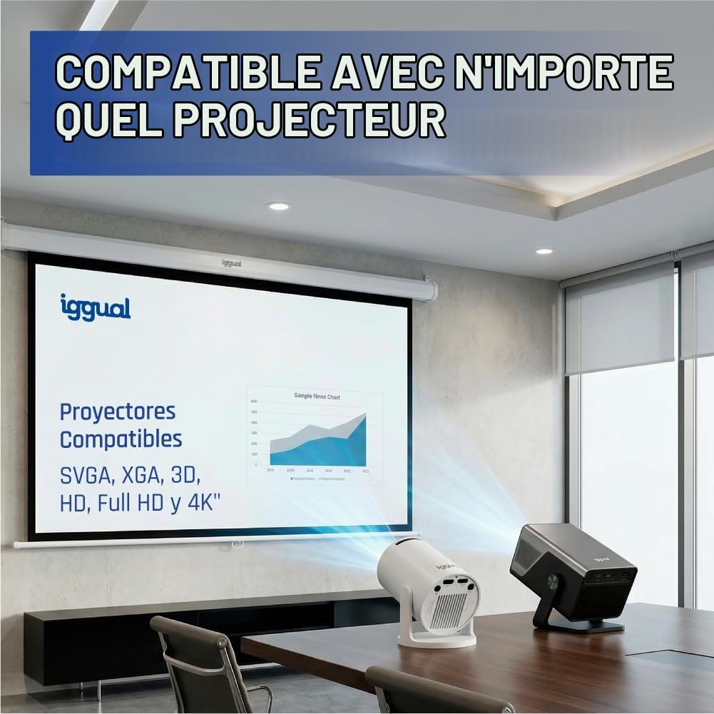 iggual Écran de Projection 112" Pouces - Enroulable Manuel Panoramique - Format 16:9 - Angle de Vision 180º - Hauteur Réglable - Adapté Mur/Plafond - Compatible 4K et Tout Projecteur, (200x200 cm)