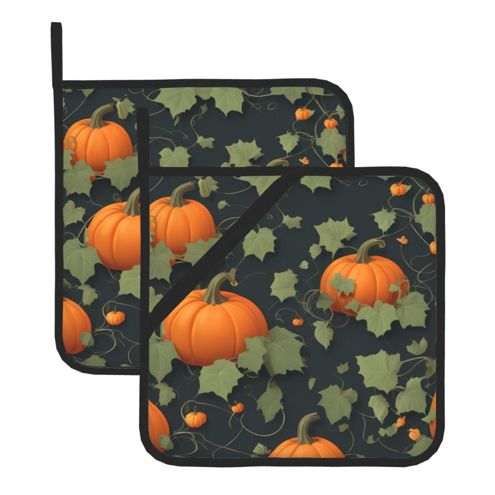HJFCZH Twining Pumpkin Vines Printed Square Insulated Pot Mat Set (2-Piece) 8x8in Waterproof, Thickened & Easy to Clean with Lanyard Design for Kitchen, Oven & BBQ