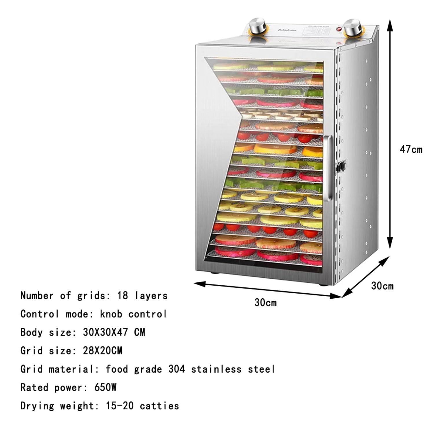 Liofilizador De 18 Capas, Secador De Alimentos Comercial De Acero Inoxidable De 650 W con Secado por Aire 360°, Tiempo: 0-12 H, 35-90 ℃ Control De Temperatura, para Supermercados, Restaurantes