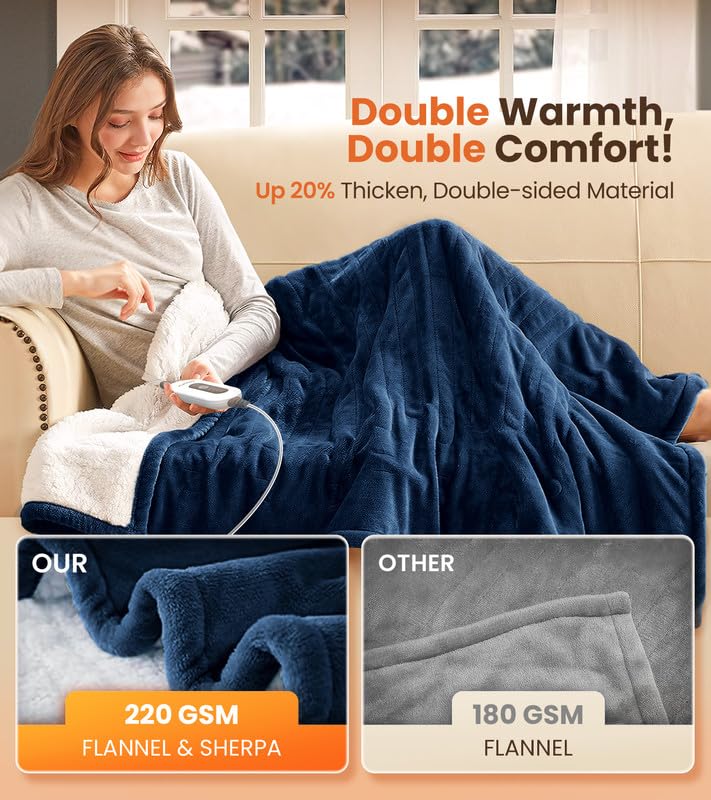 Lager Heated Blanket with 2 Heat Layers with Dense Area, Ultra Soft Safe Electric Blanket with Flannel Sherpa, Instant Heating Blanket 4 Levels Auto Shut Off, Blanket