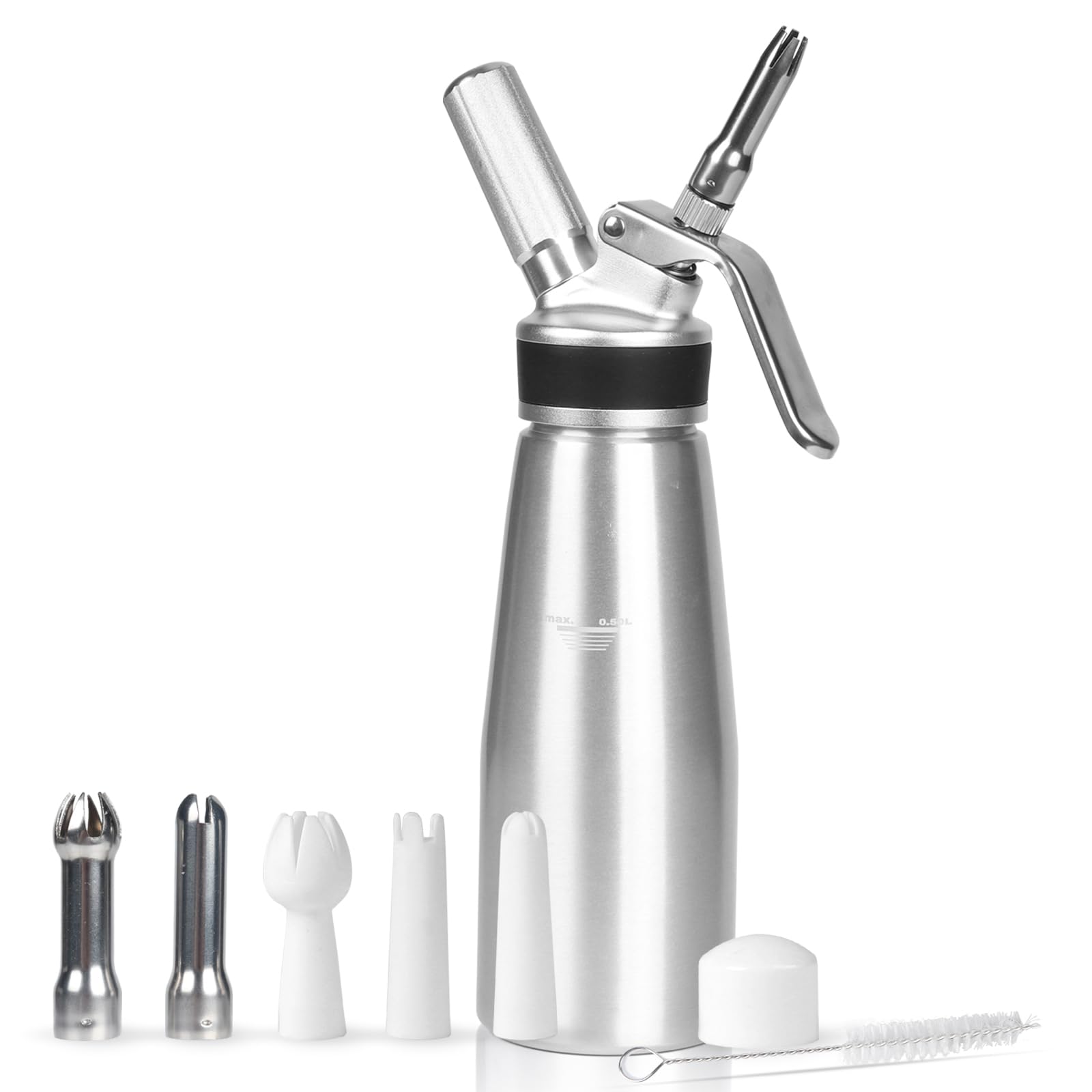 Homemade Whipped Cream Dispenser,Large 500ml / 1 Pint Capacity Cream Whip Canister with 6 Decorating Nozzles and Cleaning Brush,Leak Free Whipped Cream Maker for Desserts, Dips, Sauces