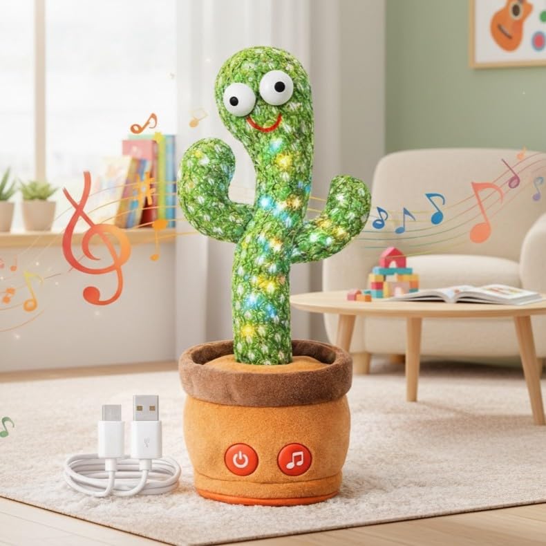 Dancing Cactus Toy for Baby & Kids, Talking & Singing Plush Cactus with LED Lights, Repeats What You Say, Musical Interactive Toy with USB Rechargeable Battery, Fun Educational Gift for Toddlers 3