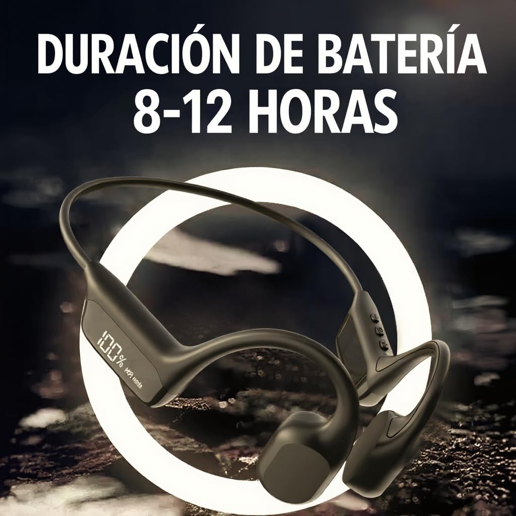 AKOUO Auriculares Conducción Ósea Bluetooth 5.4 IPX8 Resistente al Agua, MP3 Memoria Interna 32GB, Pantalla LED, Micrófono para Llamadas, Nadar, Correr, Ciclismo