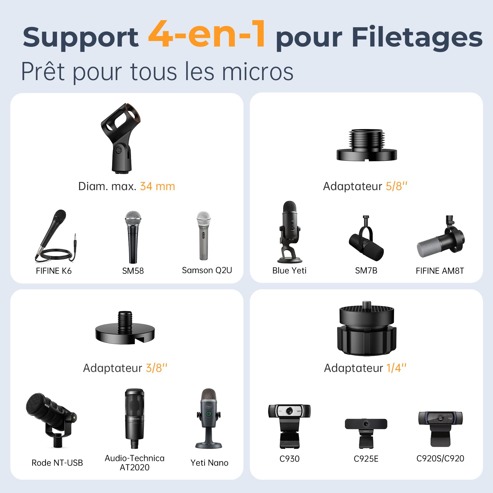 Support de Micro Bureau, Bras de Fixation Réglable avec 1/4"-3/8"-5/8" Adaptateurs pour Blue Yeti, Fifine, HyperX, Caméras et Webcams - Idéal pour Enregistrement, Podcast et Streaming