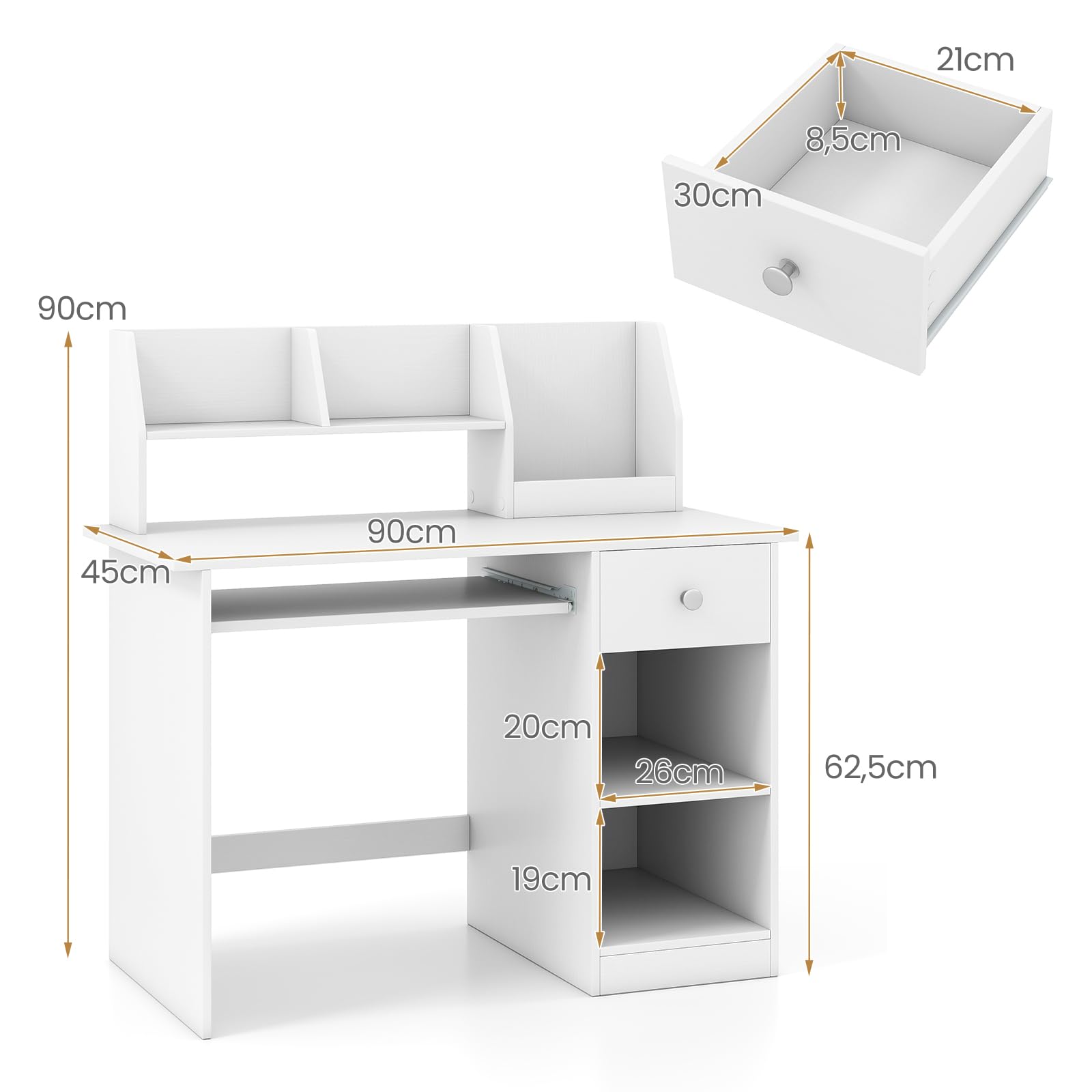 LIFEZEAL Scrivania per Bambini 3+Anni con Cassetto, Libreria, Scomparti, 90x45cm, Scrivania Cameretta Porta PC, Computer, Banco Scuola, Tavolo da Studio, Gioco, Multiattività, in Legno (bianco)