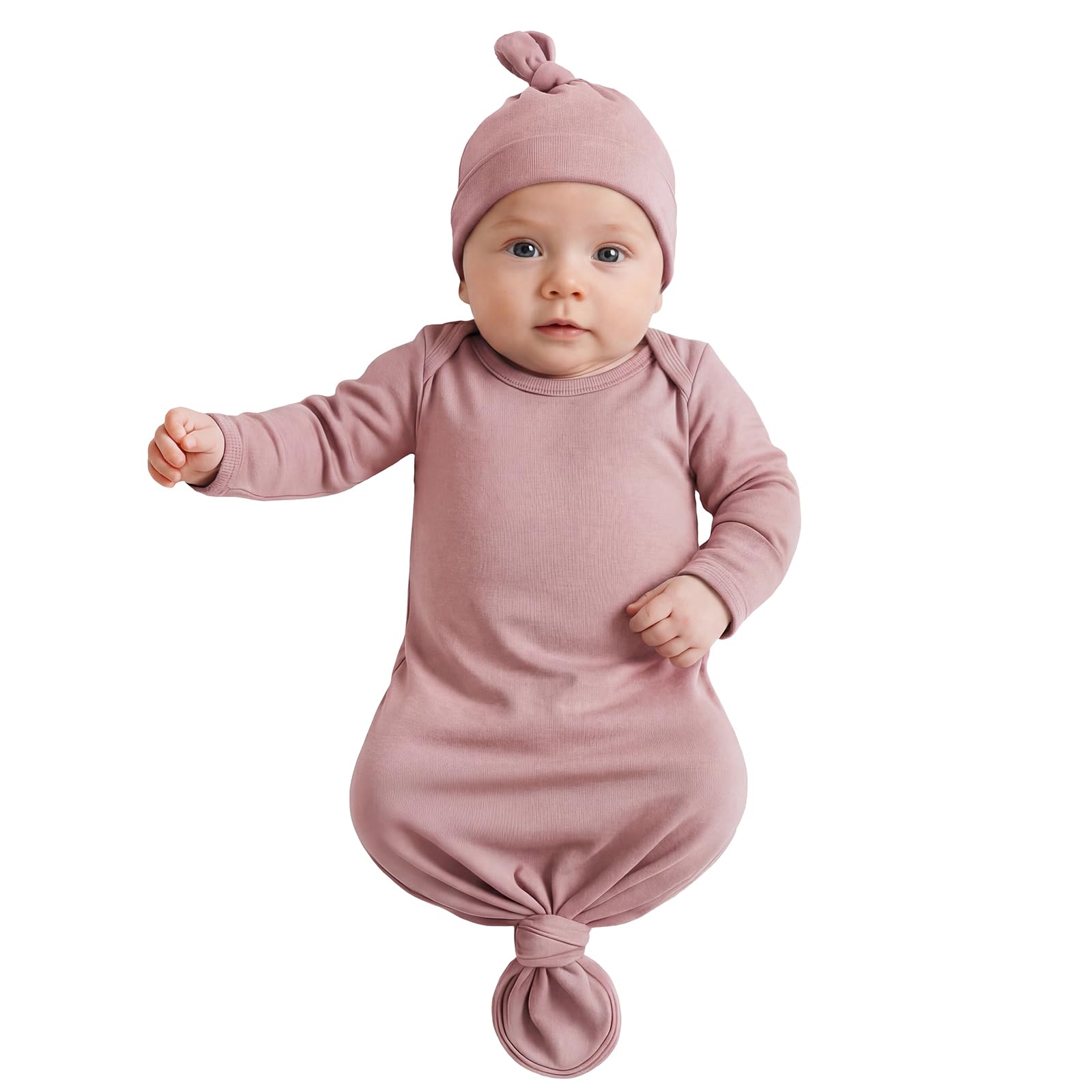 Newborn Knotted Baby Gown 0-6 Months, Super Soft Breathable Nightgowns for Babies Girl and Boy, Baby Girls Coming Home Hospital Outfit with Hat Set Pink