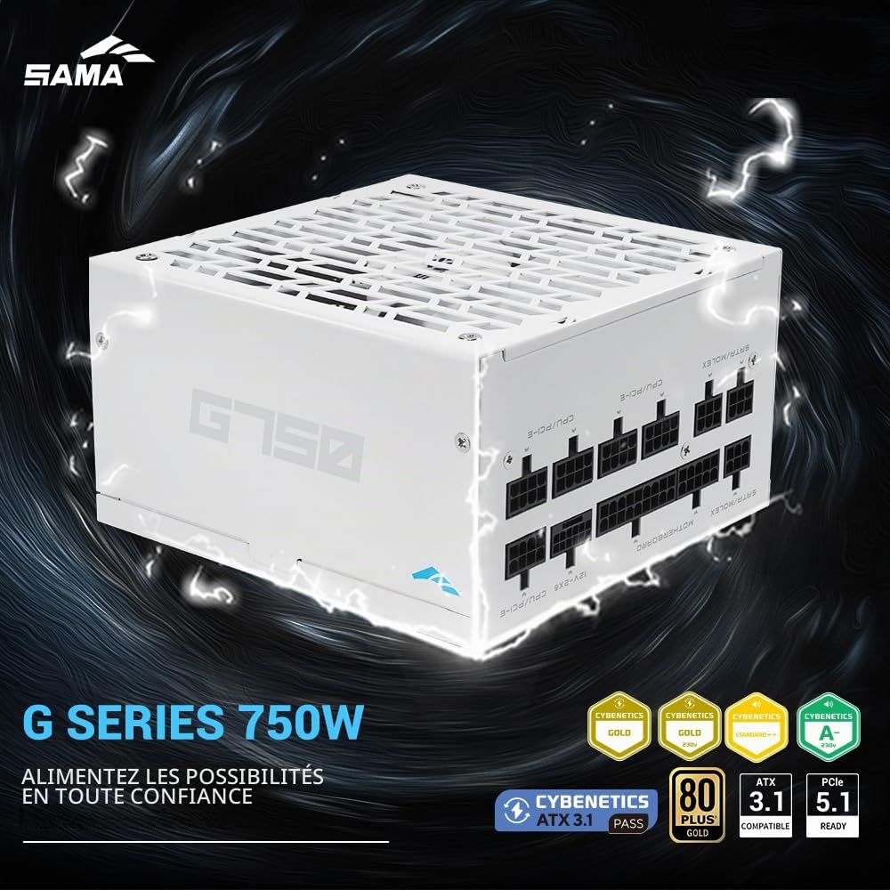 Alim SAMA G750 750W Gold, ATX 3.1, PCIe 5.1, Full Modulaire, Blanc