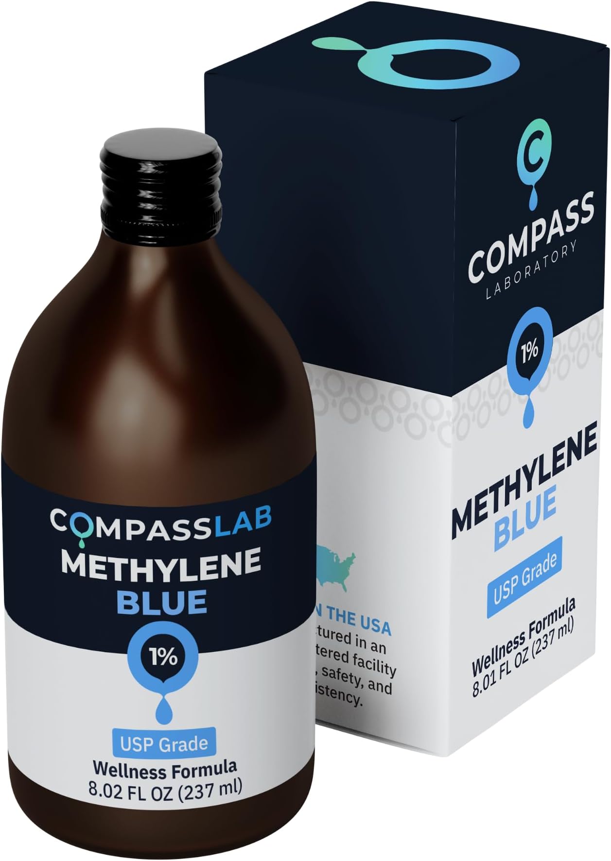 Methylene Blue Pharmaceutical Grade, USP Grade, Third-Party Tested Brain Health Dietary Supplement for Humans, No Formaldehyde, Made in USA (1% 237ml Bottle)