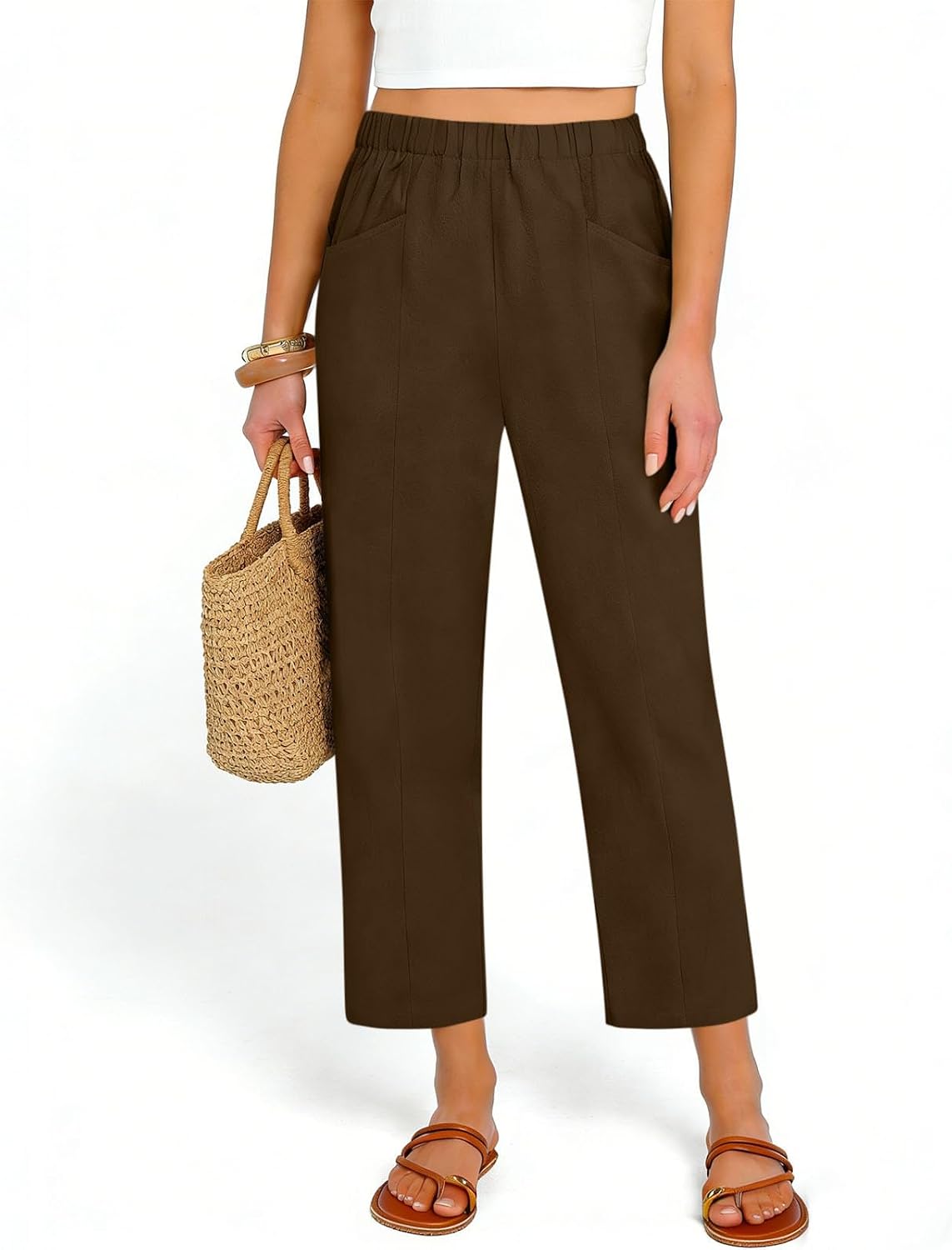 Capris Pants for Women Summer Casual Loose Elastic High Waist Straight Leg Lounge Beach Cropped Trouser with Pockets