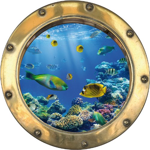 Stickers hublot trompe l'oeil Petits poissons vue sous marine - H348 (30x30 cm)