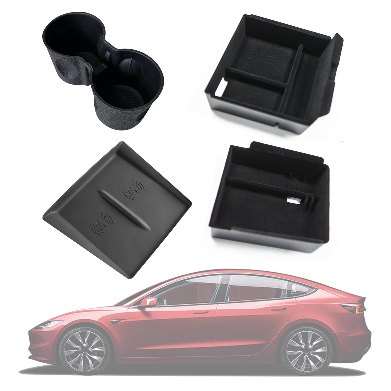 TOPABYTE Organizer pour Console Centrale pour Tesla Model Y Juniper Model 3 Highland 2025 2024 Boîte de Rangement Accoudoir Tapis Sans Fil de Commande Centrale et Porte-gobelet (Lot de 4)
