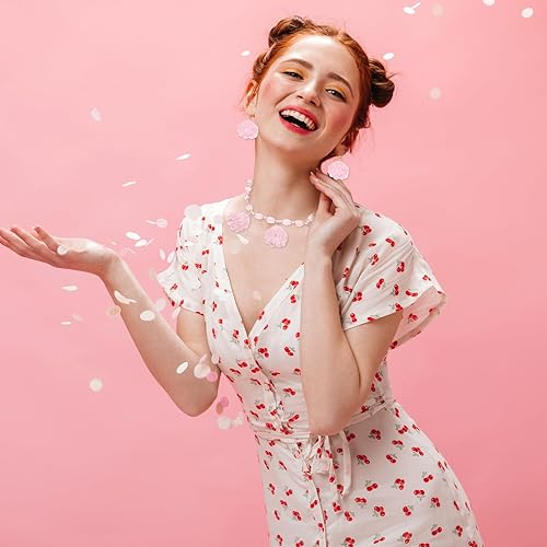 Miniatura 5 de choice of all Juego de collar y aretes de concha rosa para mujeres, adolescentes y niñas, gargantilla de concha rosa, aretes de concha rosa,