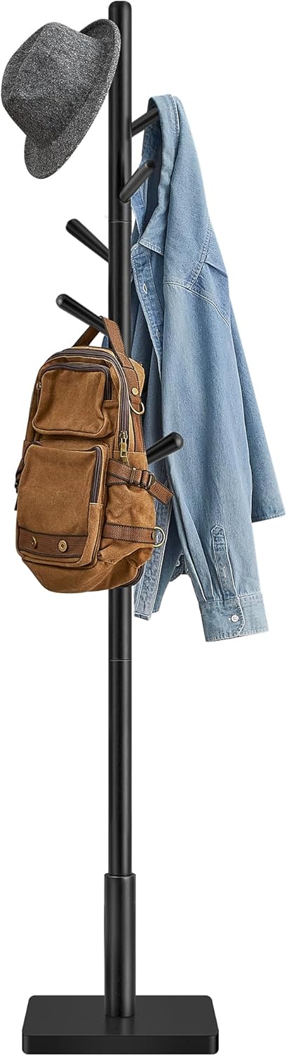 VASAGLE Solid Wood Coat Rack, Free Standing Hall Coat Tree with 8 Hooks, 3 Height Options, Ink Black URCR010B01