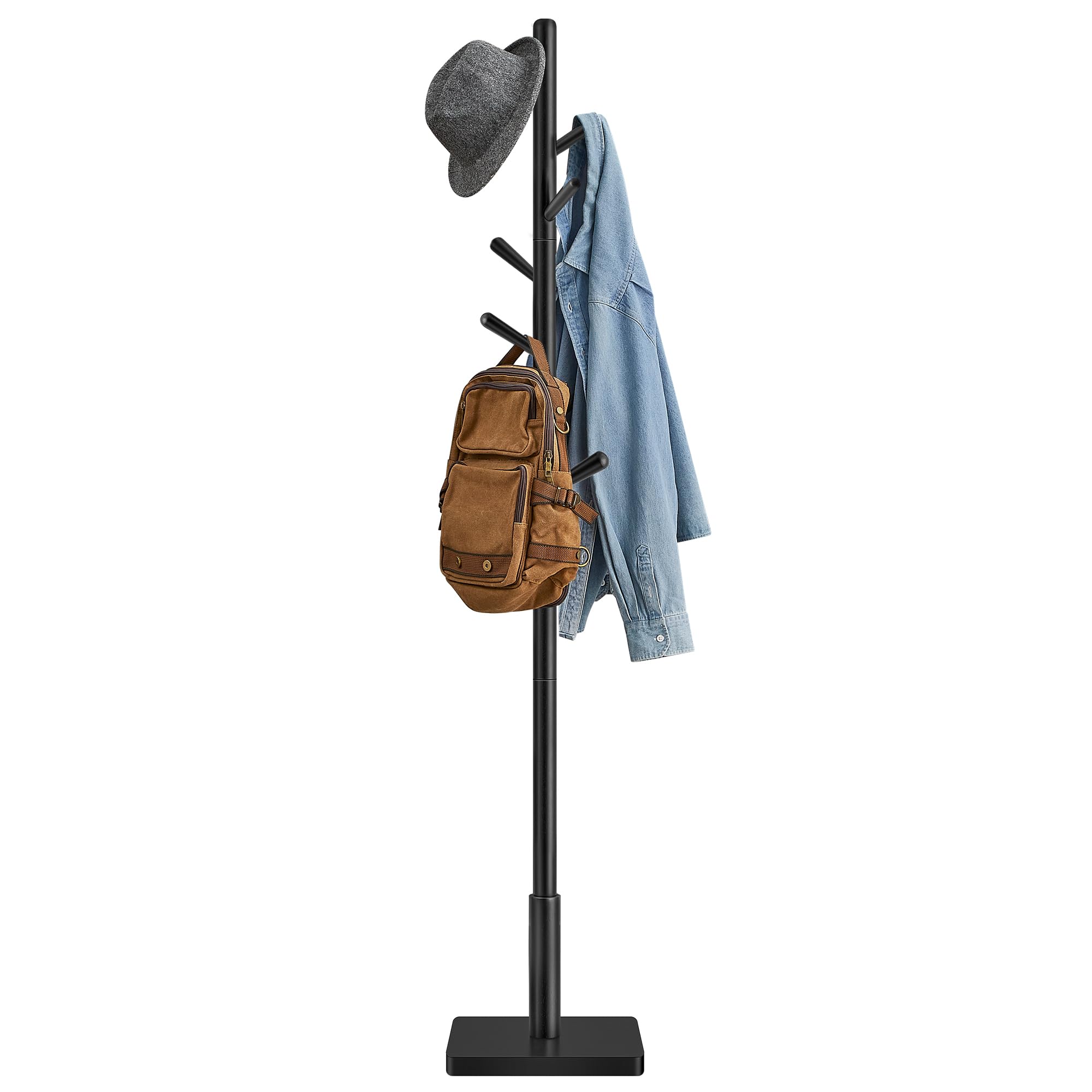 VASAGLE Solid Wood Coat Rack, Free Standing Hall Coat Tree with 8 Hooks, 3 Height Options, for Coats, Hats, Bags, Purses, for Entryway, Hallway, Rubberwood Hooks and Pole, Ink Black URCR010B01