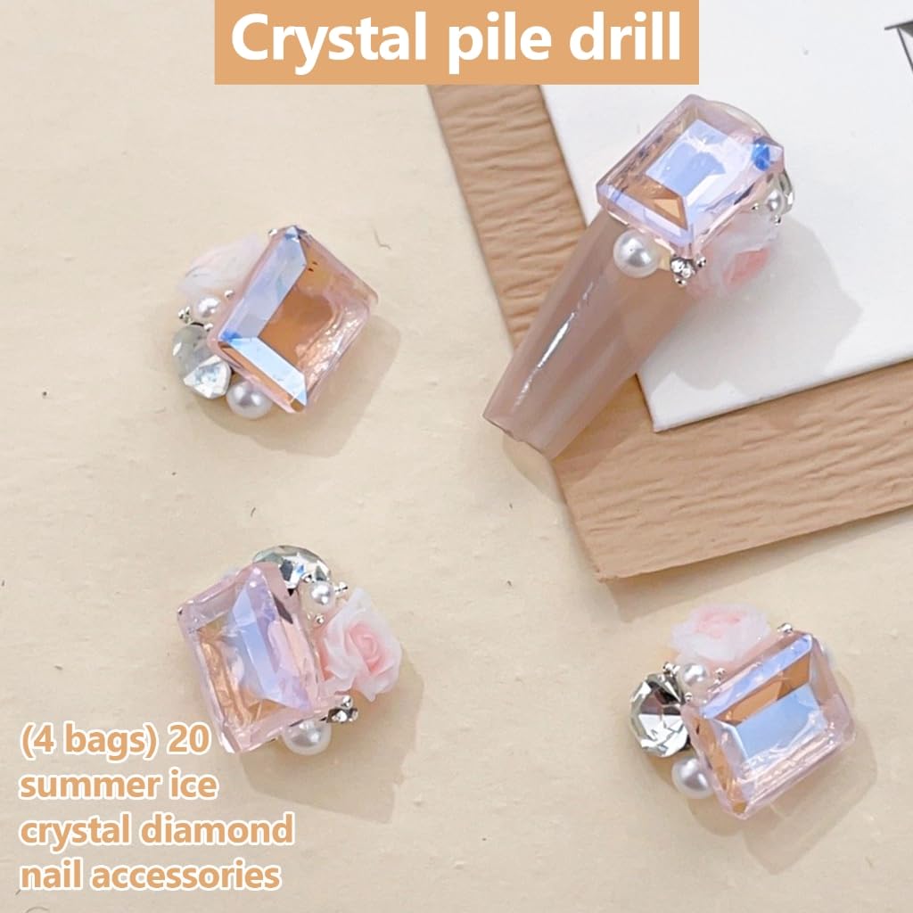 4 Pack Multi-Shaped Charms Flower Rectangle Rhinestones Nails Art Decorations for Acrylic