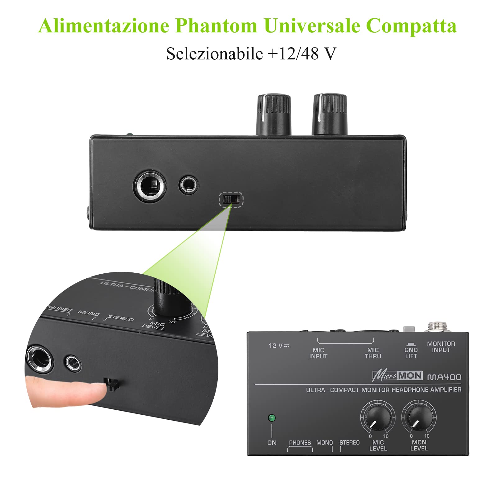 LiNKFOR MA400 Amplificatore per Cuffie con Controllo Volume Amplificatore per Cuffie Ultracompatto per Microfono XLR con 12V Potenza Omologata Preamplificatore per Cuffie per Applicazioni in Studio