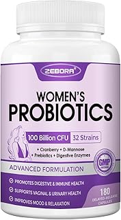 ZEBORA Probiotics for Women Digestive Health with Enzymes, Prebiotics, Vaginal Probiotics, D Mannose & Cranberry, 100 Billion CFUs Probiotic for Gut Health & Urinary Tract Balance, 180 Veggie Capsules