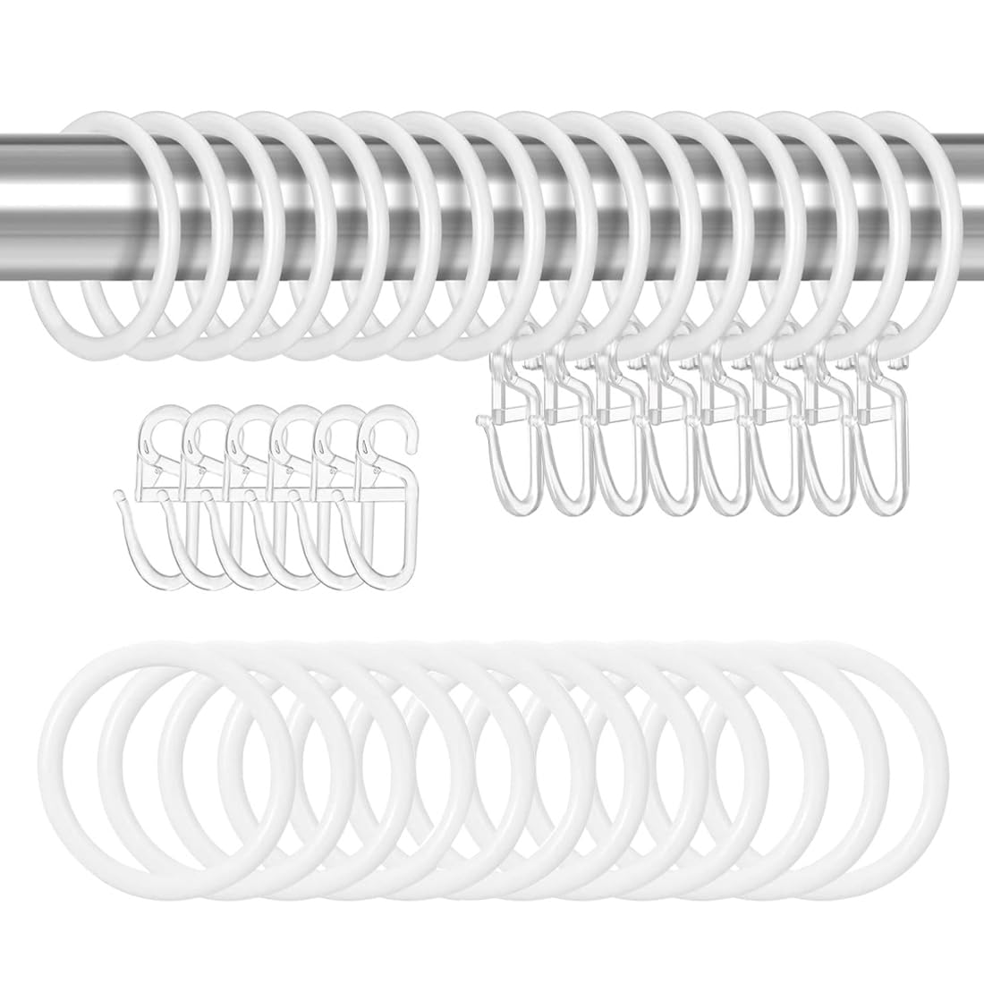 Set 50 Anelli E Ganci Per Tende - Plastica Bianca, Diametro Interno 30 Mm, Per Doccia E Finestre - Foto 9