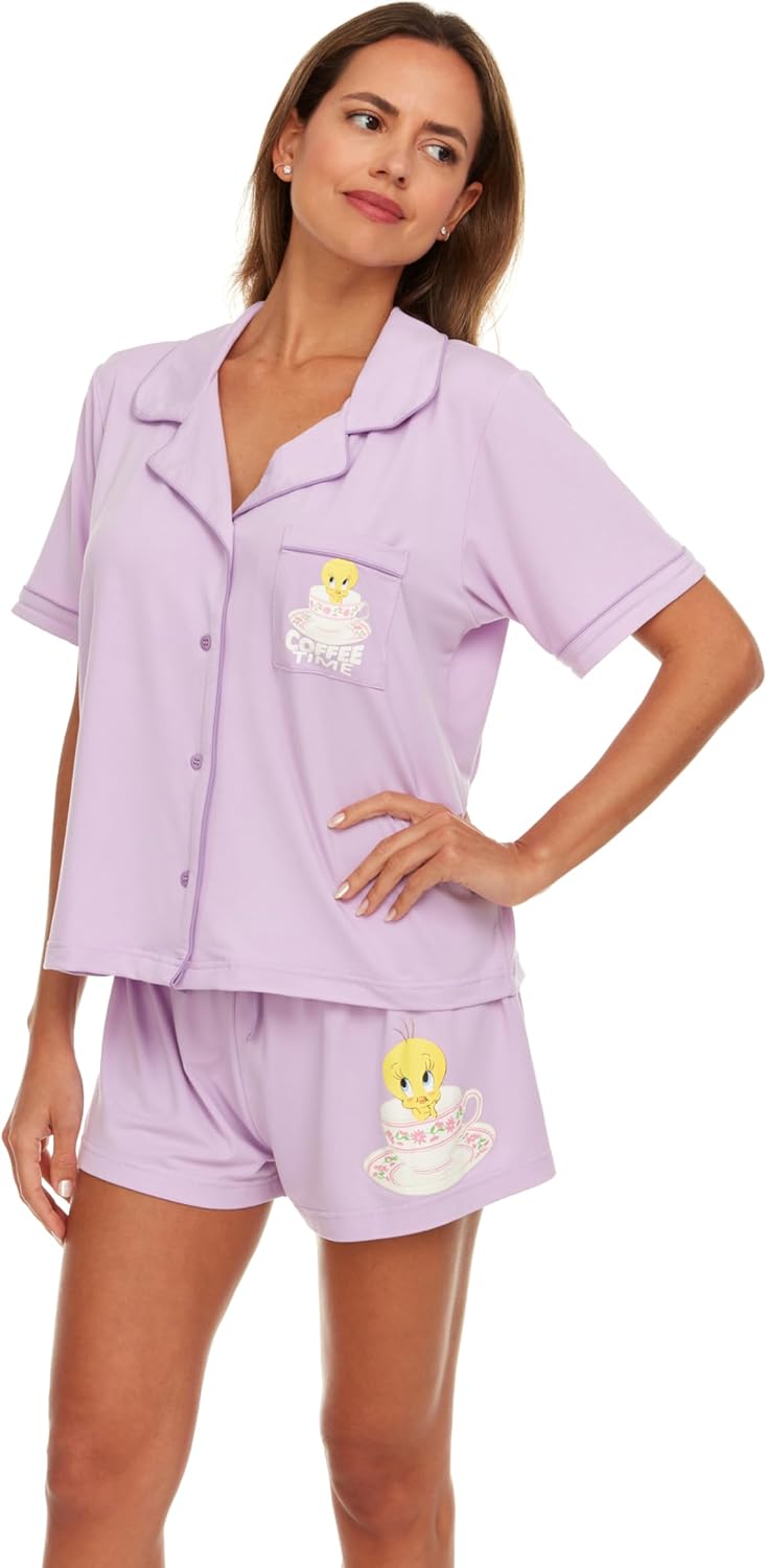 COCO BRANDS Looney Tunes Womens Pajama Sets - 2 Piece Short Sleeve Button Down Womens Sleep Shirts and Pajama Shorts (XS-XL) - Image 3