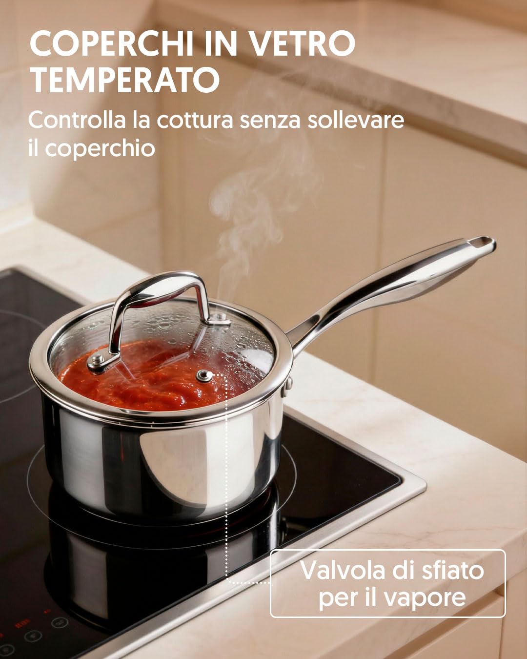 La Moustache - Set Pentole e Padelle 8 Pezzi in Acciaio Inox Senza Rivestimento, 3 Pentole con Coperchio in Vetro e 2 Padelle, per Induzione, Lavabile in Lavastoviglie, Ø16/20/24 cm (Titan Inox)