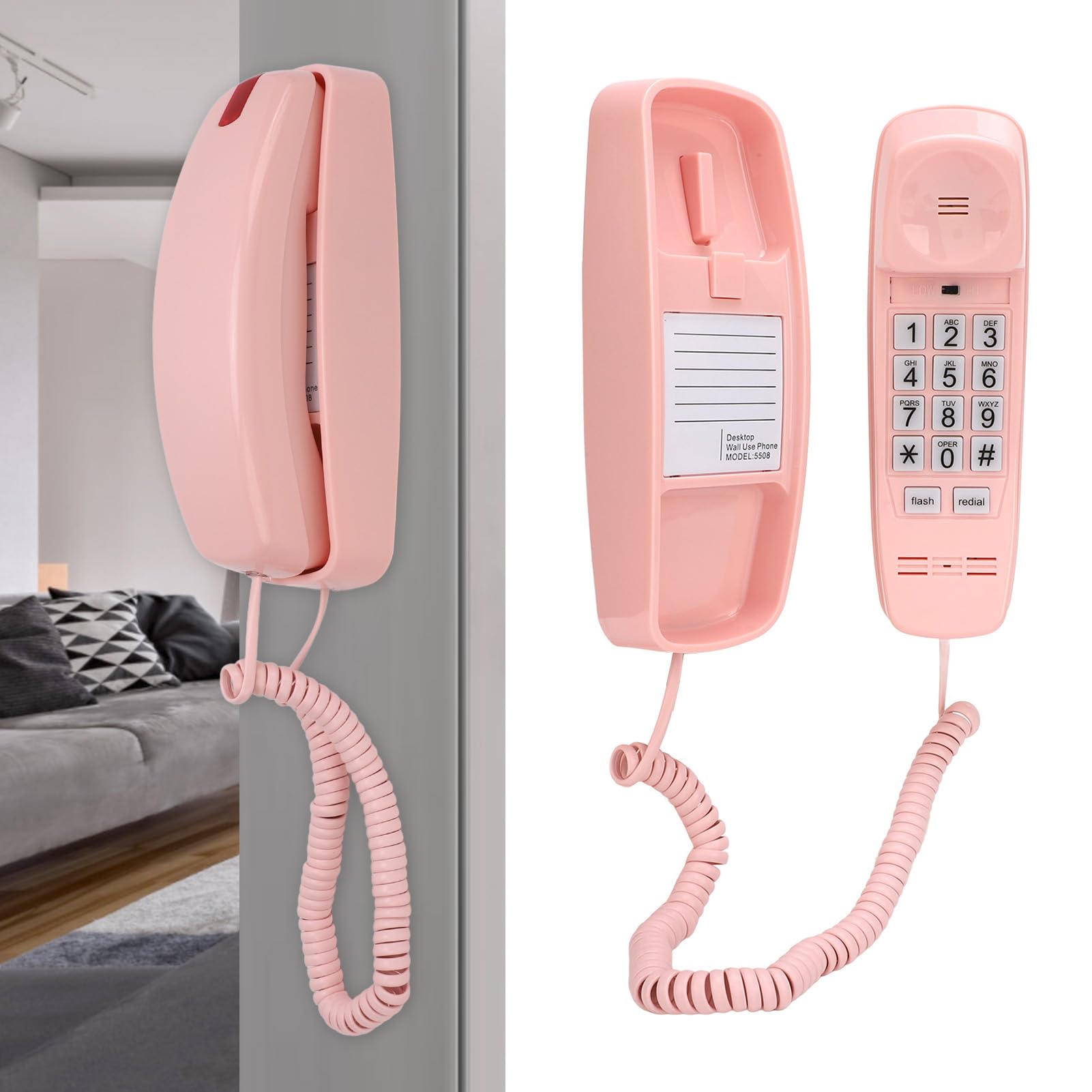 Schnurgebundenes Telefon, Einstellbare Lautstärke, Lauter Klingelton, Große Ziffern, Wandmontierbar, Vintage-Stil, für den Heimgebrauch Geeignet (Rosa)