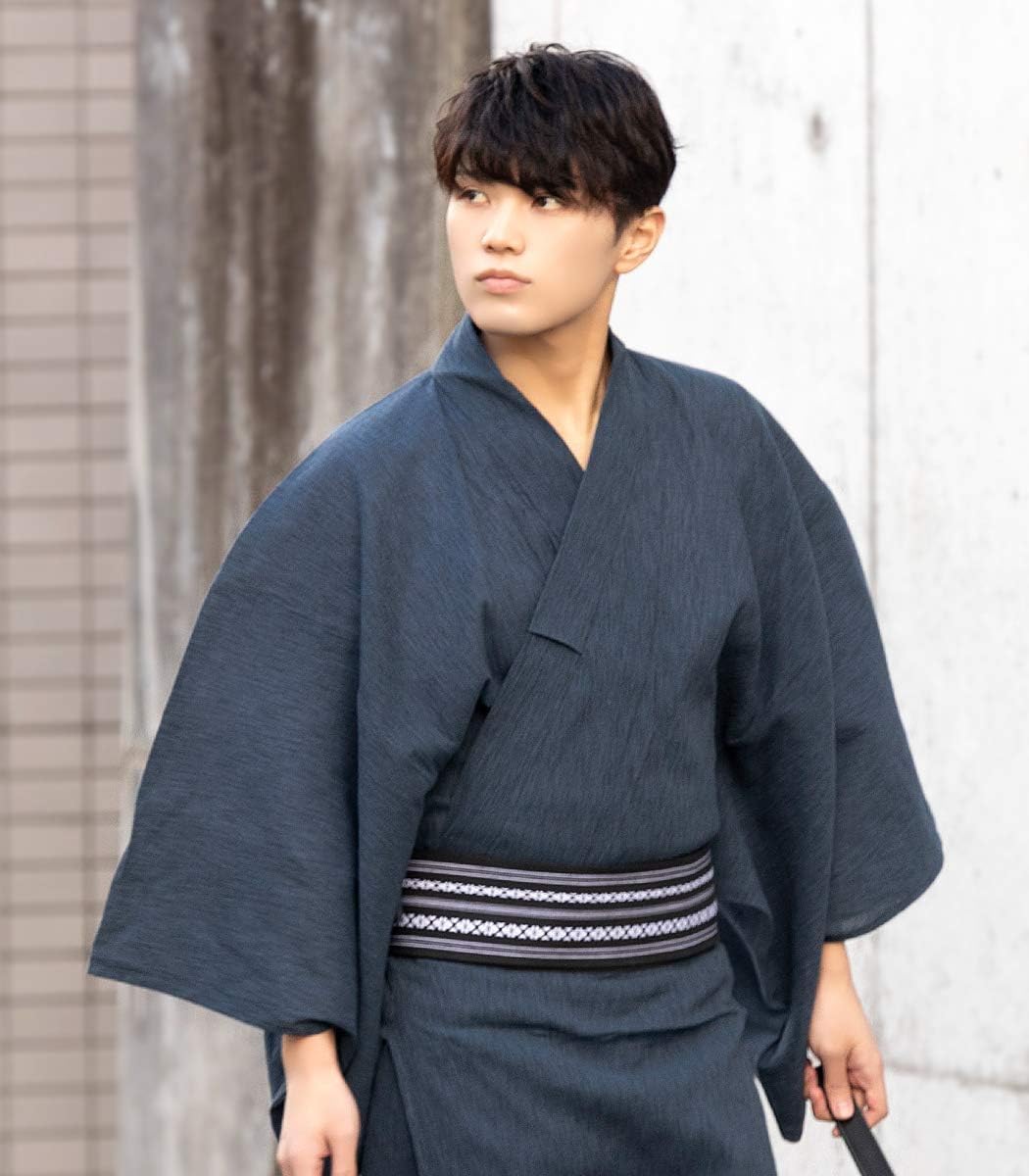 浴衣 綿麻 先染め ブロックチェック 黒 グレー 格子 2点 0531⑫