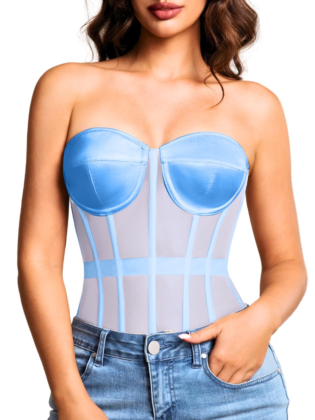 Kaei&amp;Shi Women's Strapless Mesh Corset Top, Padded Lace-Up Bustier