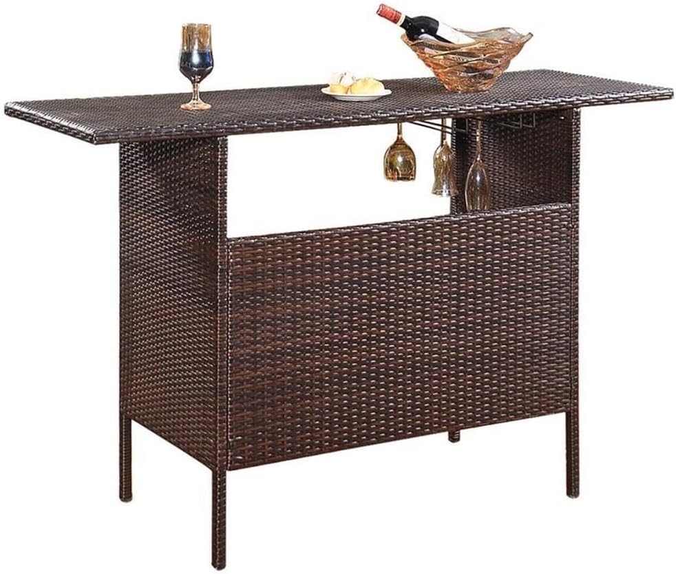 Pemberly Row Outdoor Patio Bar Counter Table, 55.1"L x 18.5"D x 36.2"H, PE Rattan, Brown Finish, UV and Water-Resistant, 2 Shelves, Lightweight Design for Backyard, Pool Area or Patio Entertainment
