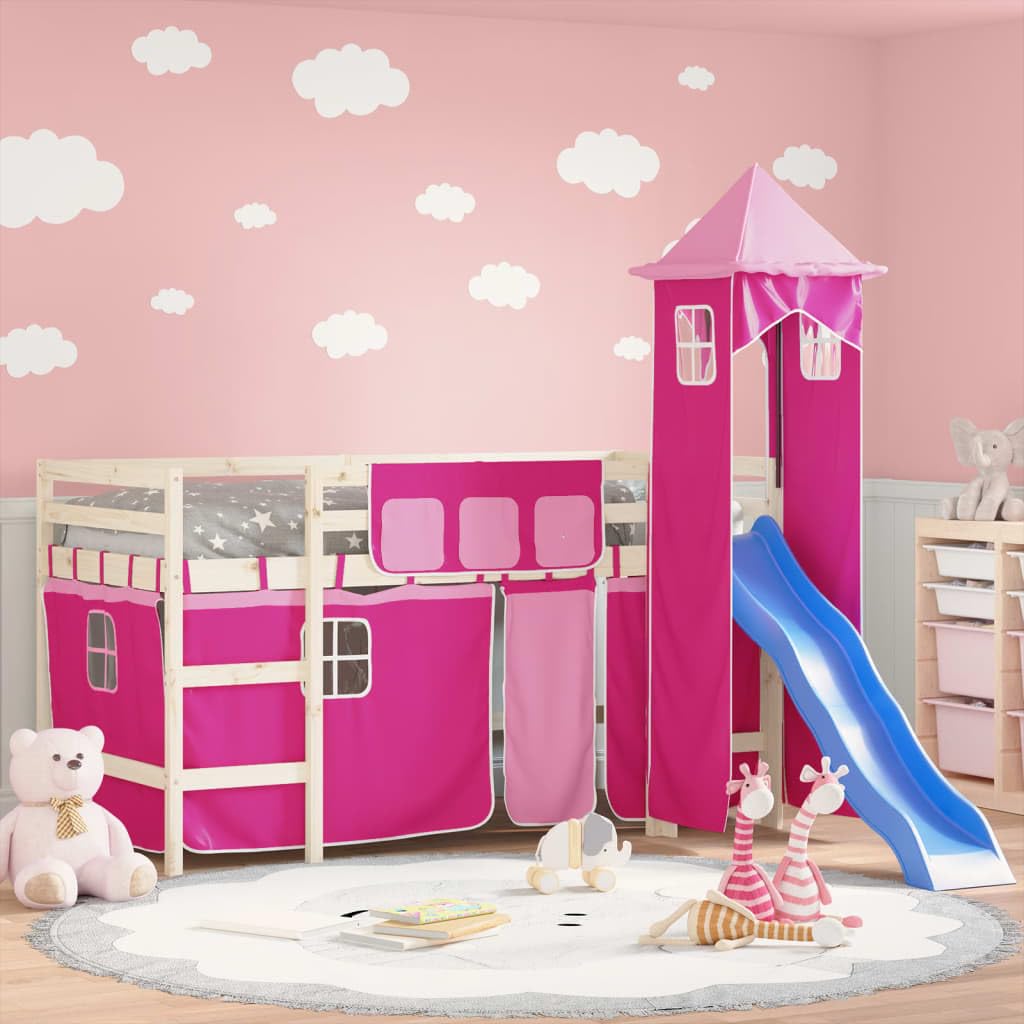 Spielzelt Vorhang Set für Hochbett Rosa, Spielvorhang mit Turm für Kinderbett, Versteck Spielhaus Zubehör aus strapazierfähigem Polyester für Kinderzimmer