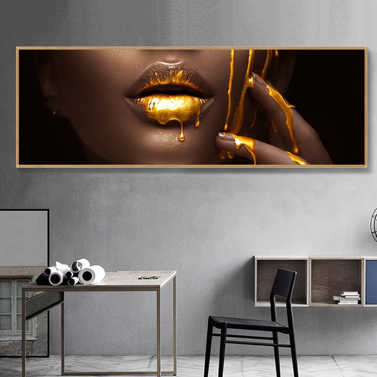 GLWDMH 1 sztuka 70 x 210 cm złota farba kropla na ustach dziewczyny modne obrazy na płótnie, sztuka ścienna plakat i wydruki, obraz ścienny do salonu, sypialni, jadalni, biura (bez ramy)