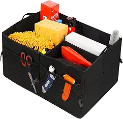 Organizador Porta-Malas Dobrável Impermeável 56x40x26cm – 3 Divisórias, Bolsos Laterais e Alças Reforçadas – Tecido Oxford 600D Preto