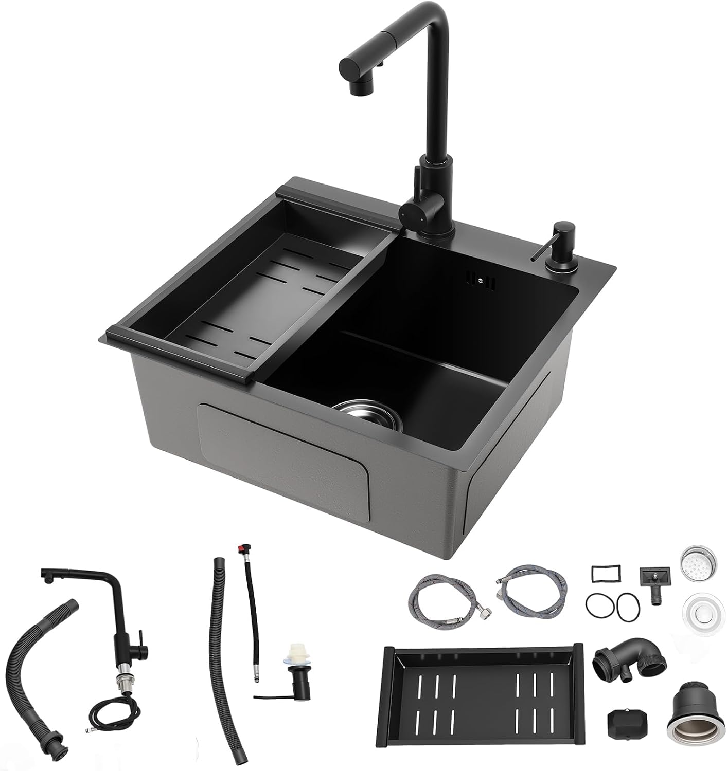 Évier de cuisine en acier inoxydable anti-bouchon avec robinet extractible ergonomique