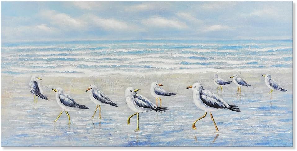 Seaside Pictures Ocean Beach Theme Wall Art Sea Birds by The Sea Shore Decor Seagull Oil Painting Canvas Artwork Gallery Wrapped for Living Room Bedroom Bathroom Easy to Hang