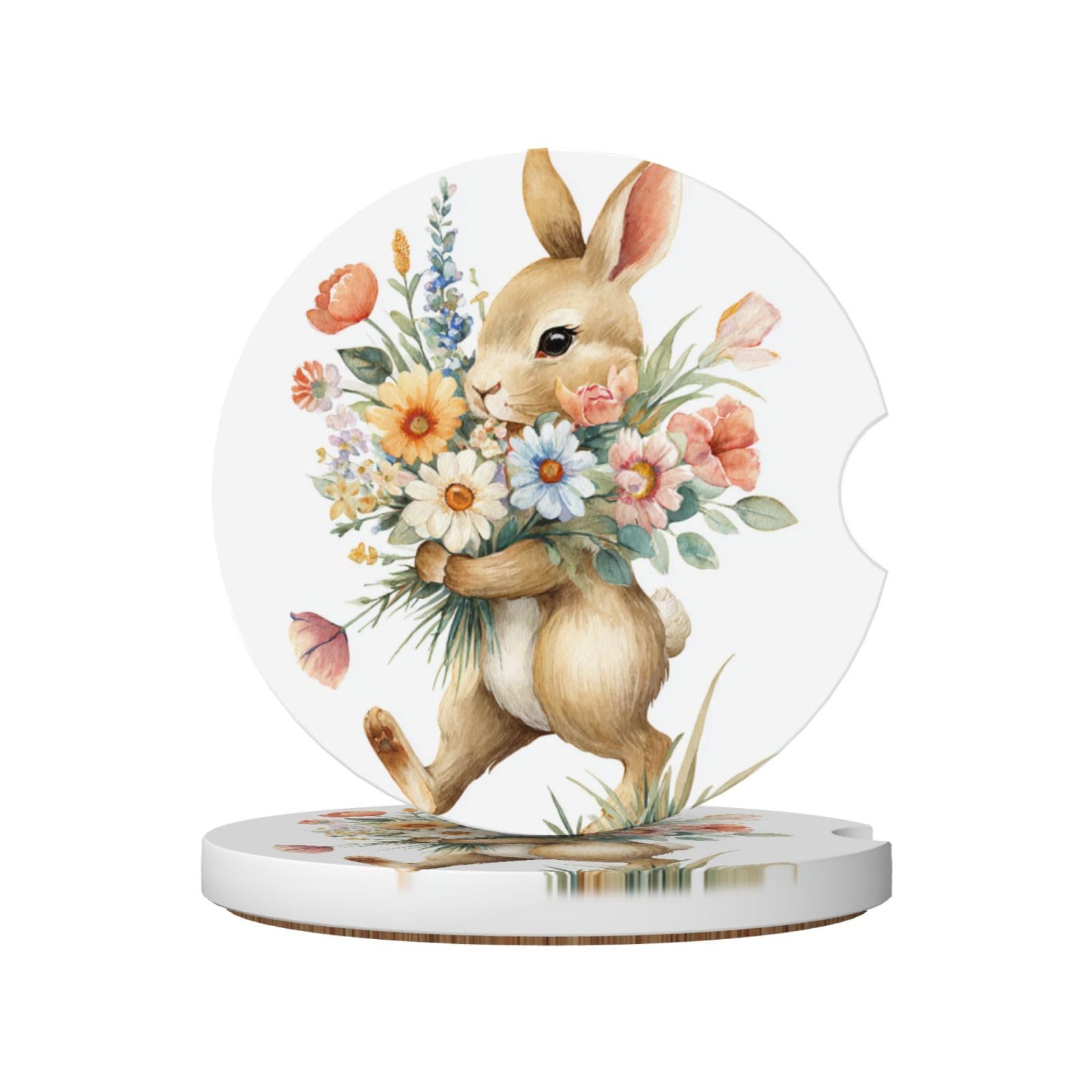 Easter Bunny Carrying Wild Flowers Watercolor Ceramic Coasters,2pcs