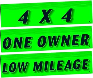 Versa Tags Windshield Slogan Stickers 12 Pack of 4X4 Stickers 12 Pack of ONE Owner Slogans 12 Pack of Low Mileage Window Stickers (36) Dealership Stickers Black On Green