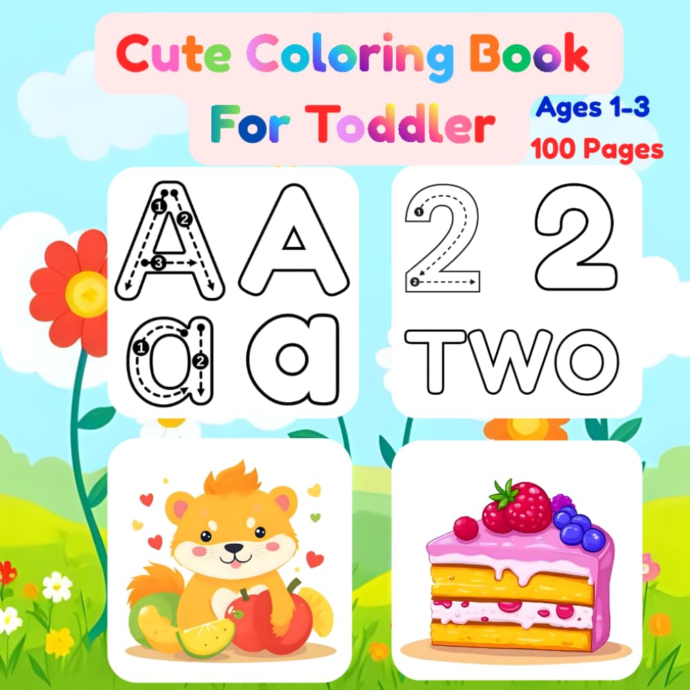 New Cute Coloring Book For Toddler Kids Girls Boys Ages 1-3 : 100 Pages Easy Coloring Education Trace with ABC Alphabet (A-Z), Numbers (0-10), Kawaii ... Fun Happy Boost cognition learn vocabulary