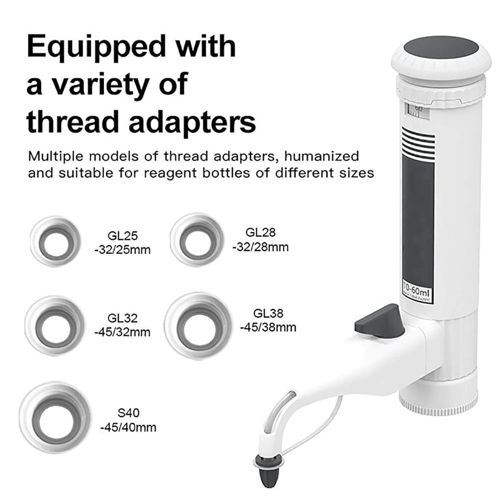 MObyat Laborflaschen-Dispenser, Hülsen-Flaschenaufsatz-Dispenser, 10–60 ml, einstellbar, mit Doppelventil, säure- und laugenbeständig, Zahnradeinstellung, digitales Fenster