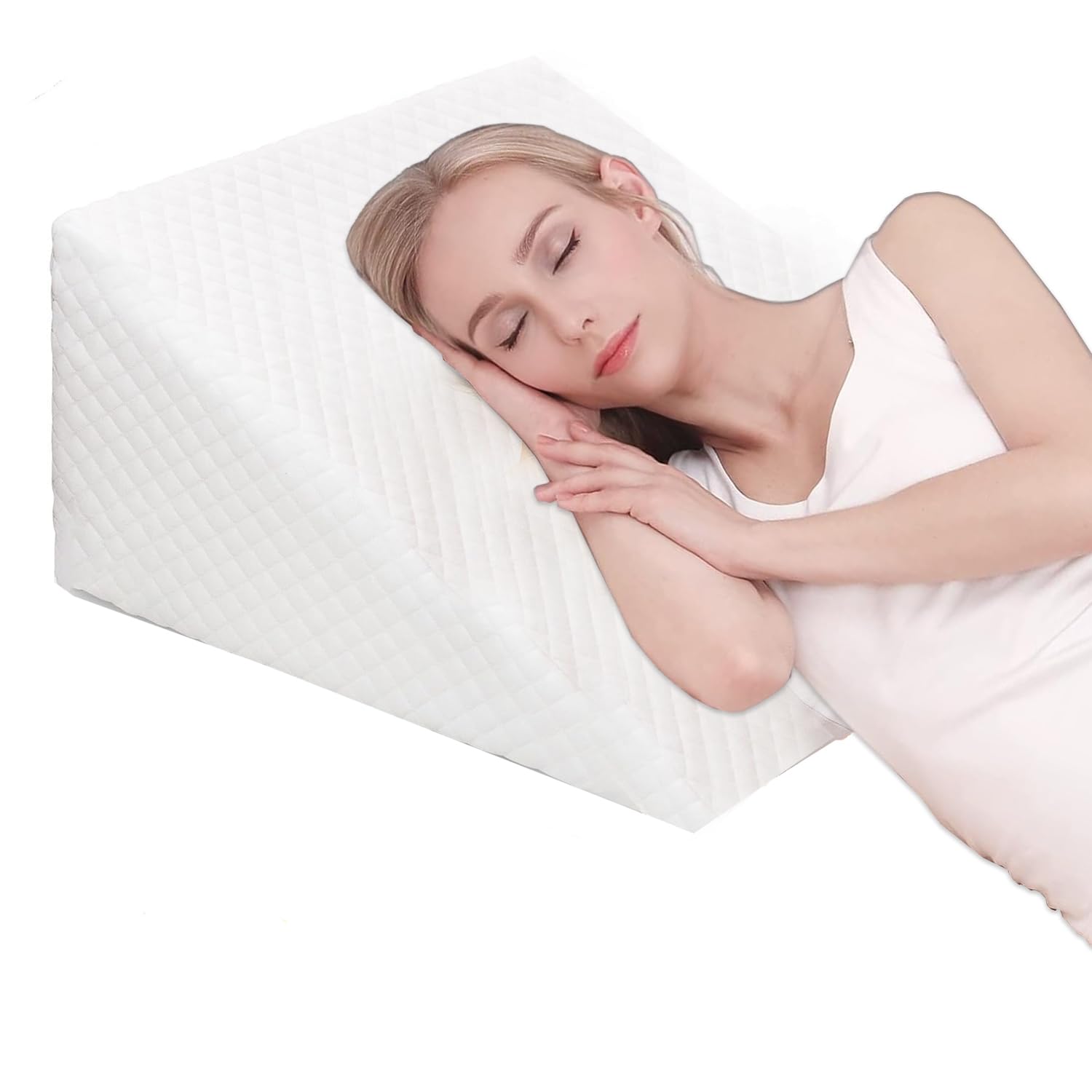 Pinkfairy White Bed Wedge Pillow For Sleeping Upright Acid Reflux With Premium Foam Elevated Support Cushion For Lower Back Pain, Snoring, Heartburn Removable Breathable Cover
