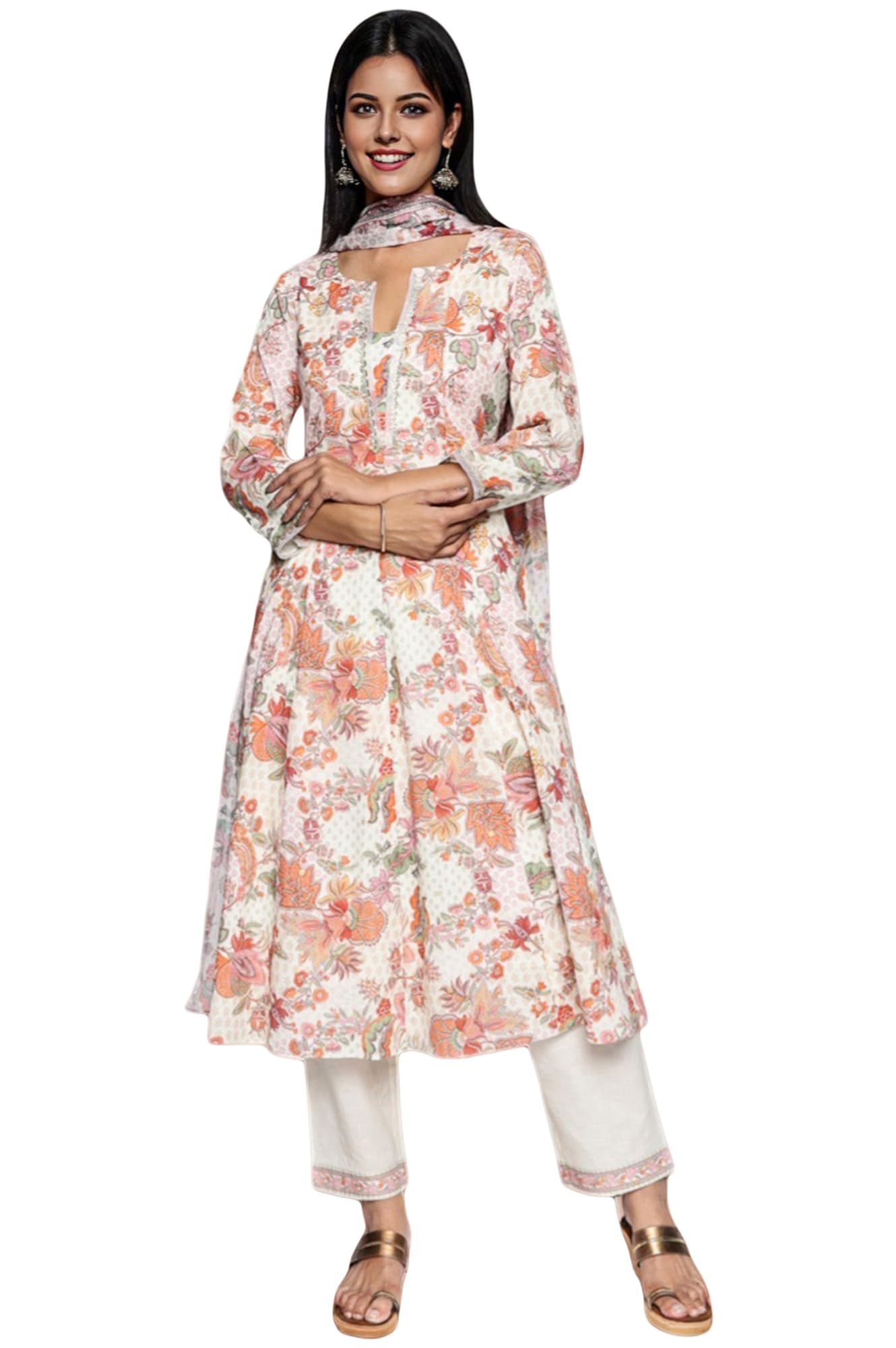 w for woman Seashell White Printed Pure Cotton Flared Kurta, Straight Pant and Dupatta Set-picture-36