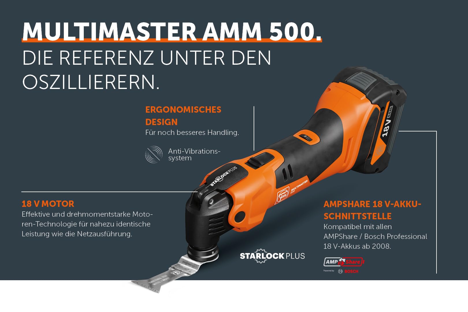 Fein Akku Multimaster AMM 500 Plus AS (18 V, ohne Akku, AMPShare, Multitool StarlockPlus, inkl. Bi-Metall-Sägeblatt für Holz, Kunstsoff + Metall, Multifunktionswerkzeug, in L-Boxx) 71293862000
