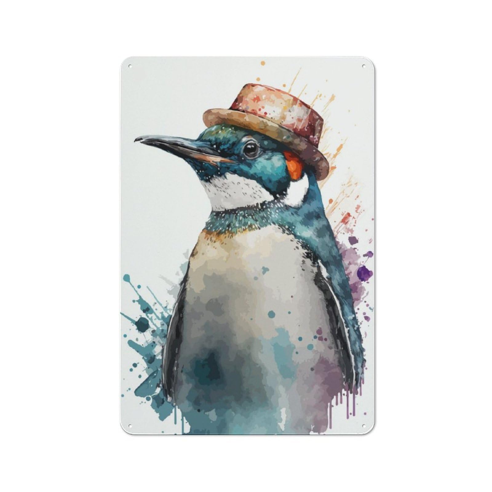Junmoney Emperor Penguin Watercolor Printed Metal Sign 30X20cm For Living Room Or Hallway, A Decorative Christmas Gift For Living Room Decor Lovers