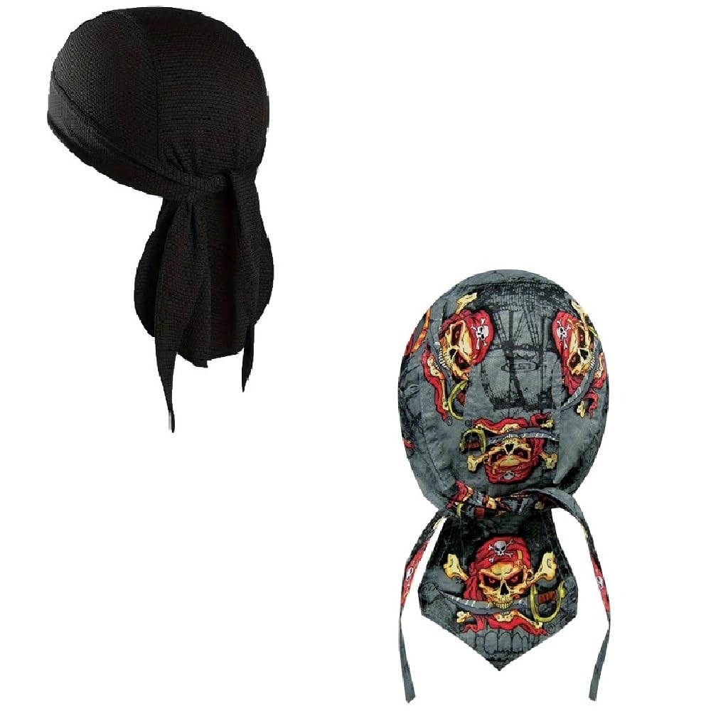 Headwrap Durag Doo Rag Skull Cap Lot or Set of 2 Grey Gray Pirate Skull with Sweatband Cotton