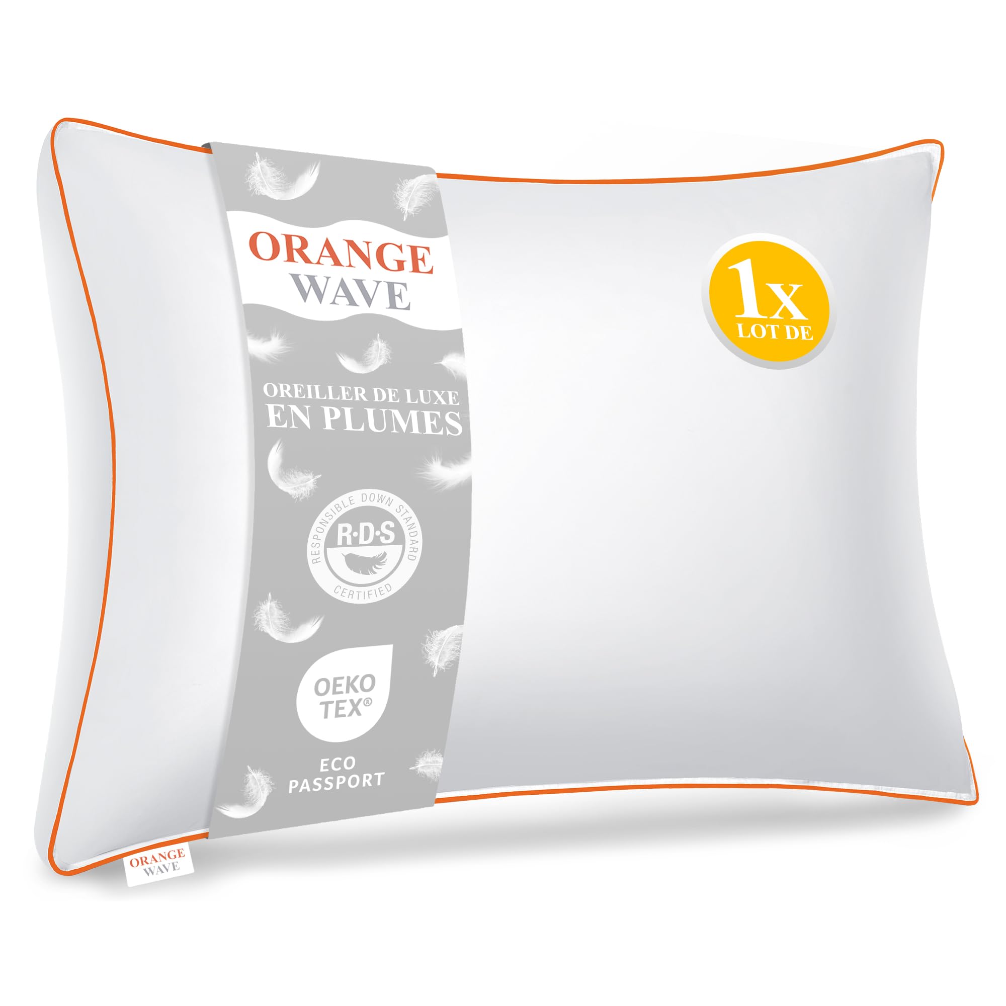 Orange Wave Oreiller Plume 50x70 - Oreillers de Luxe en Duvet et Plume, Qualité Hôtelière et Confort Oreiller Moelleux, Certifié RDS et Oeko-TEX pour Un Soutien Optimal